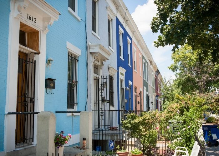 A set of colorful row homes in DC during the daytime in the summer.