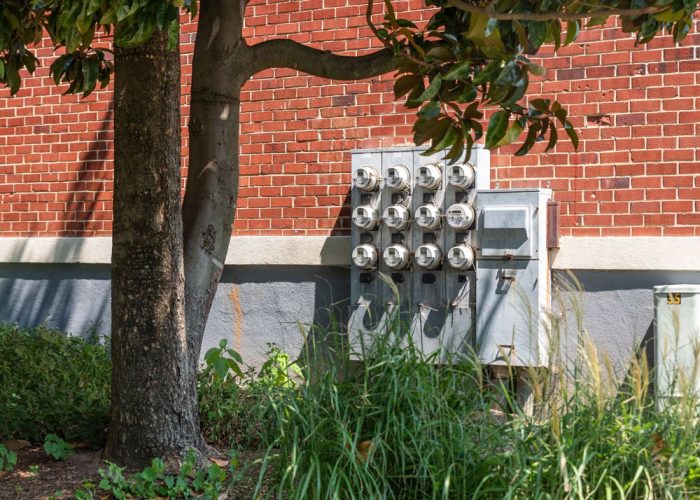 An apartment building wall with twelve individual electricity meters on the wall in a shaded, grassy area.
