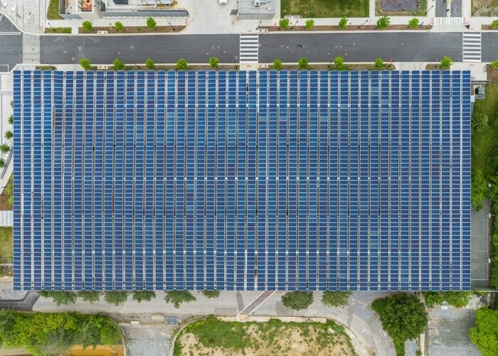 Top-down aerial view of the Children's National Research and Innovation Campus' community solar canopy.