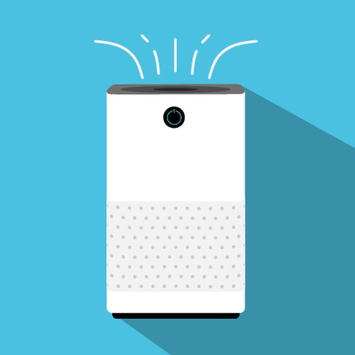 Illustration of a white air purifier on a light blue background.