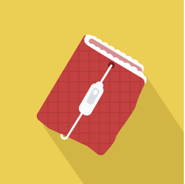 Illustration of a red quilted electric heating blanket on a yellow background.