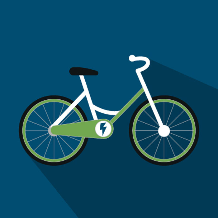An illustration of a green bike with a thunderbolt symbol on it. the bike is on a navy-blue background.