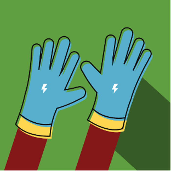 An illustration of a pair of heated gloves with thunderbolt symbols on them.