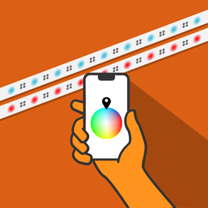 Illustration of a hand holding a phone with a color wheel on the screen. Two sets of LED smart light strip hang on the orange background.