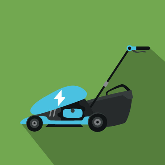 An illustration of a blue electric lawn mower with a thunderbolt symbol on it, on a green background.