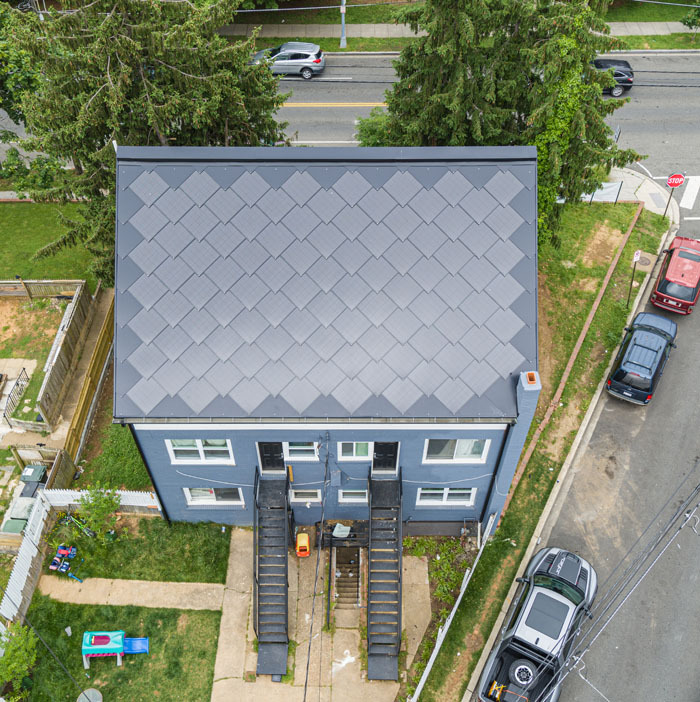 Aerial view of the Rock Creek Ford community solar shingle system that provides electricity credits to income qualified District households.