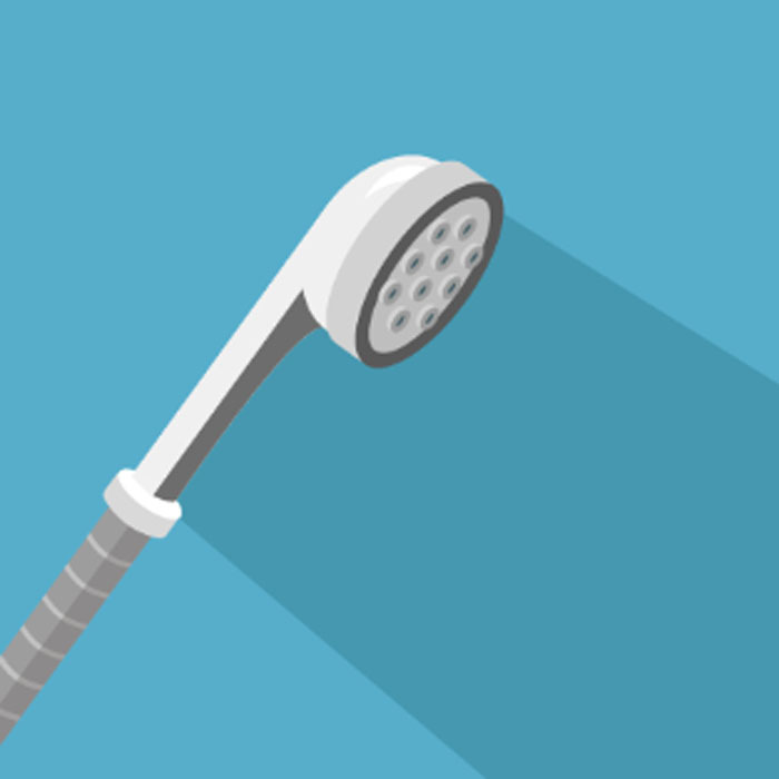 Illustration of silver and gray shower head on a light blue background.