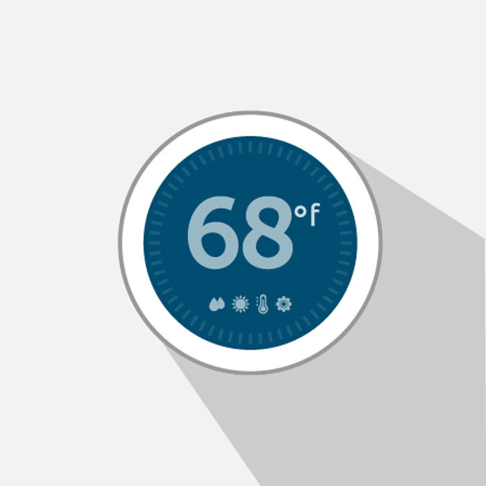 Illustration of a blue smart thermostat ready 68 degrees Fahrenheit on a light gray background.