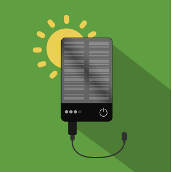 An illustration of a solar-powered charger on a green background with the sun on it.