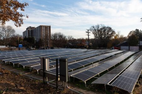 Ground mounted community solar system during sunset at the Fairfax Village Condominiums.