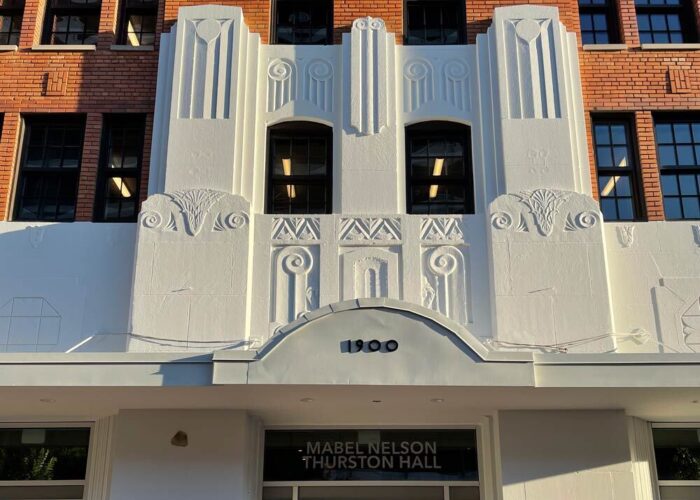 Front of the Thurston Hall art deco entrance facade.