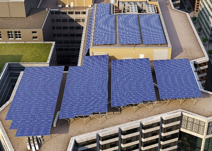 Digital rendering of the commercial rooftop solar array at Washington Square from an aerial view.