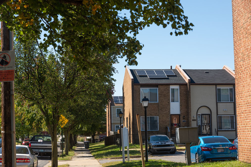 DC neighborhood in Ward 8 with townhomes that have solar panels on the roofs.