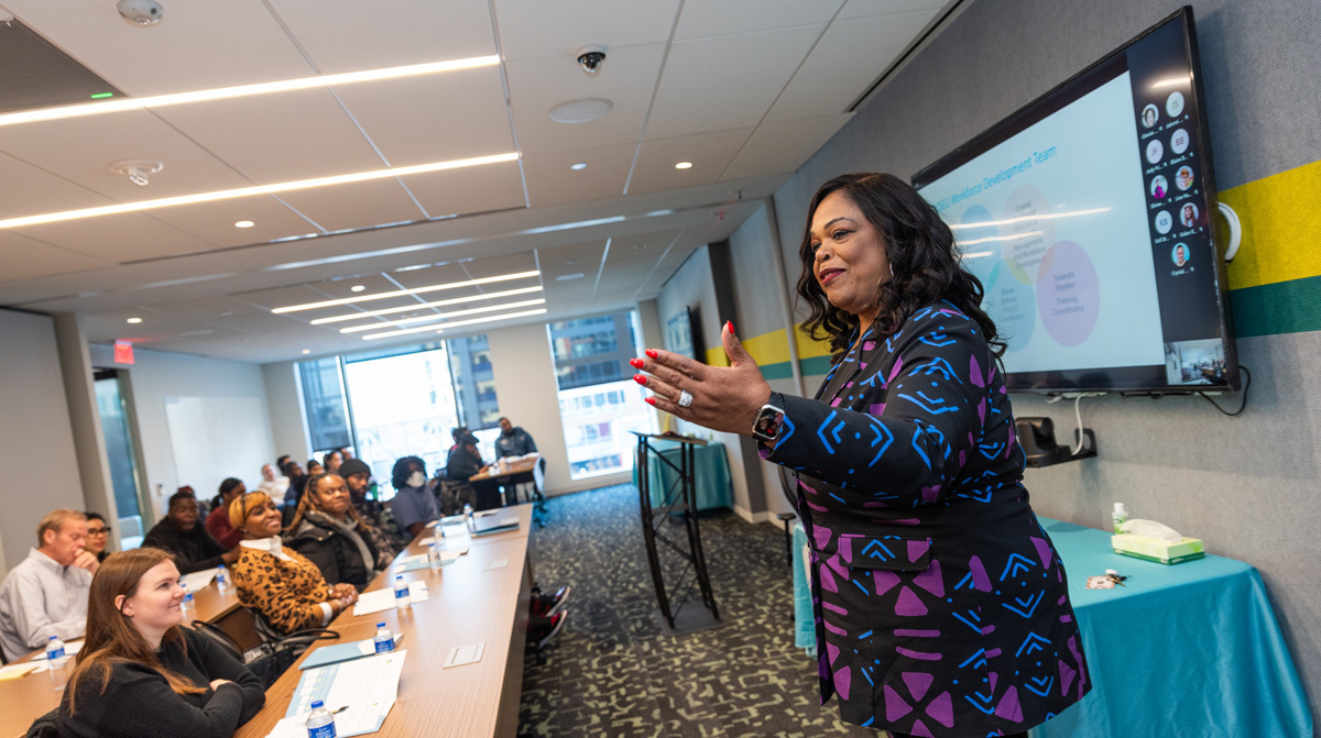 Program Manager, Gleniss V. Brown Wade, providing instruction to new workforce development cohort.