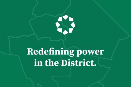 Graphic with the DC map in the background and DCSEU logo with lettering the says, Redefining Power in the District.