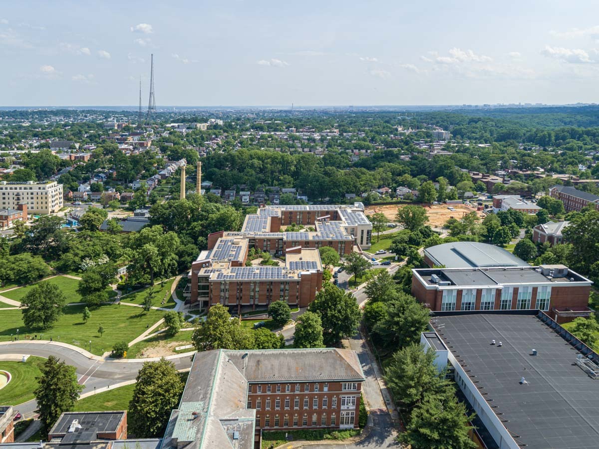 Aerial view of the Walter Reed Campus in Ward 4 with solar panels covering the roof of one of the buildings.