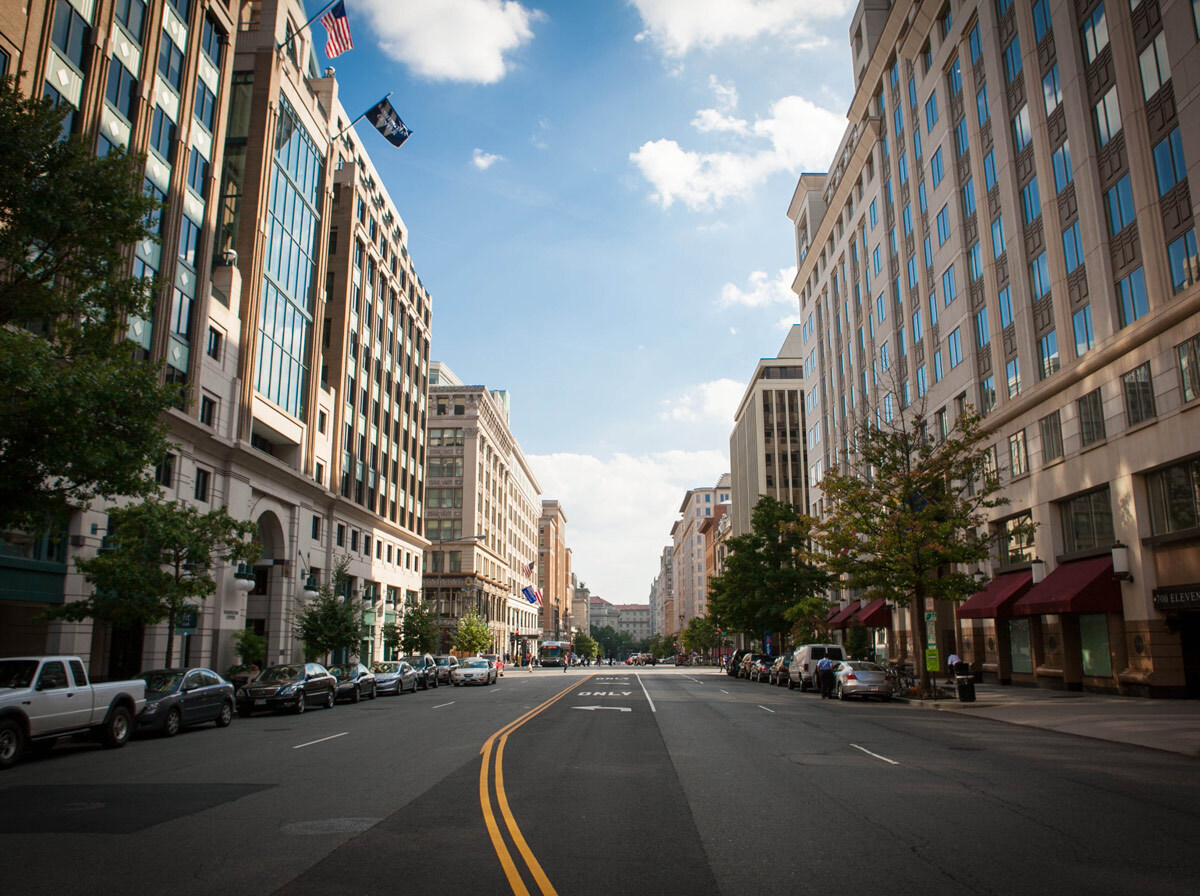 Cityscape from street level view of downtown DC.