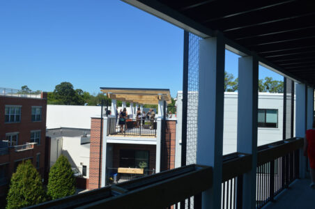 Multifamily building view from a balcony.