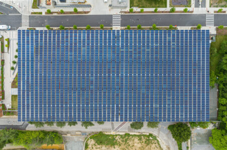 Aerial view of a solar canopy.
