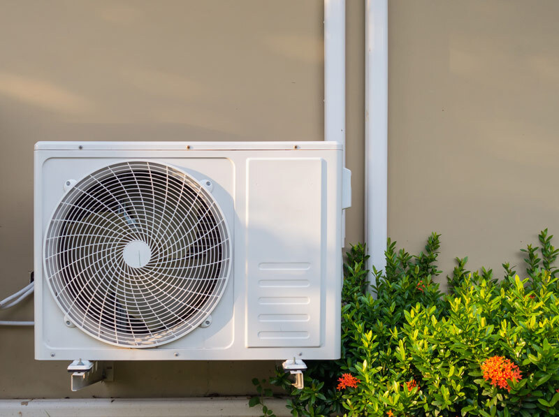 A heat pump compressor wall mounted next to a flowering bush.