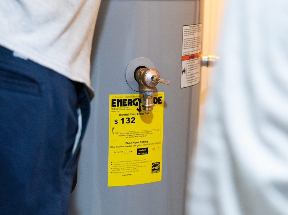 Close up of the Energy Guide label on an electric water heater.