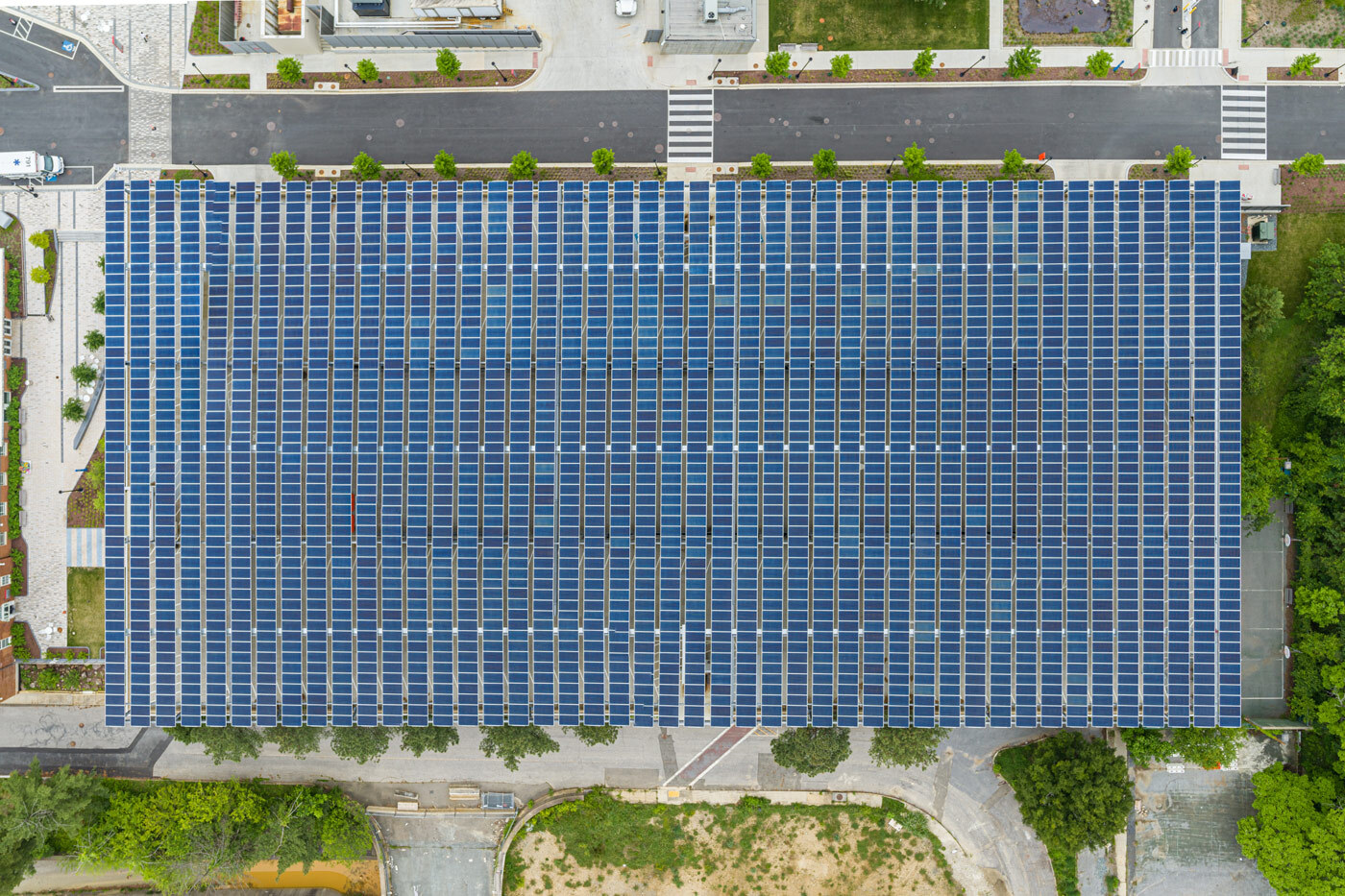 Aerial view of a solar canopy.